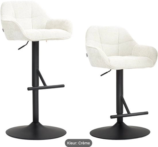 Set di 2 poltrone da bar con altezza regolabile, rotante con schienale e sostegno per le gambe, in tessuto con finitura in lino e piede in acciaio, colore beige.
