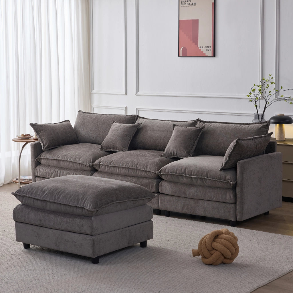 Divano angolare modulare 3 posti con pouf mobile e 2 cuscini, in ciniglia, grigio