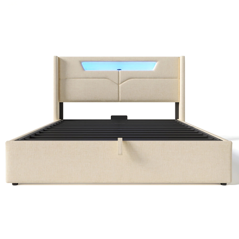 Letto matrimoniale con LED - Xylo - 140x200cm - Beige - USB e funzione cassone