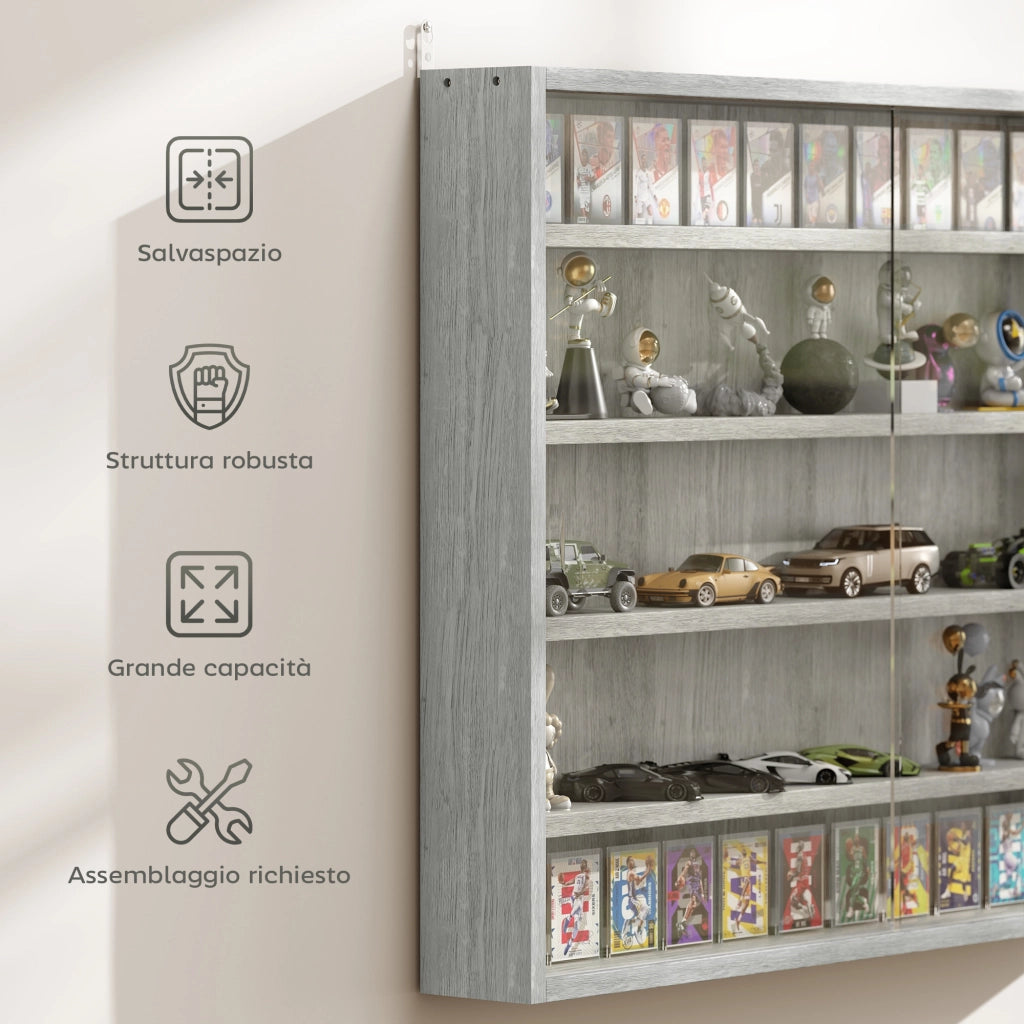 Libreria a 4 Ripiani Regolabili in Legno con Ante in Vetro ¨C Zephmum ¨C Grigio 80x60x9.5 cm