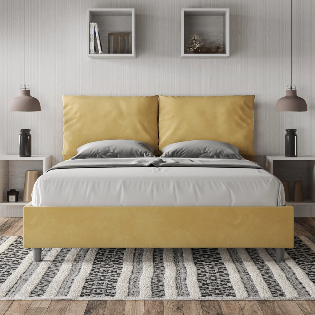 BS COM Letto queen size senza rete imbottito 150x190 microfibra ocra