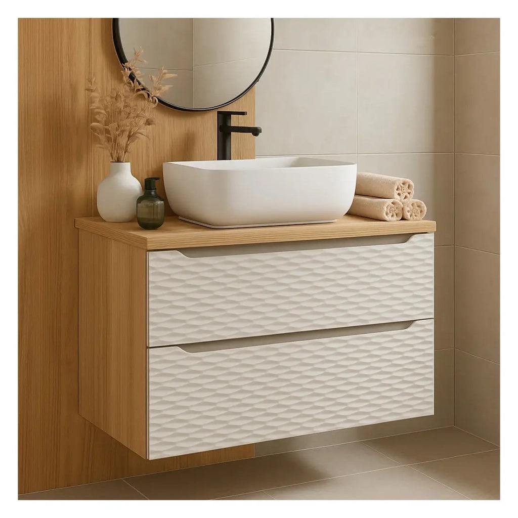 Set da bagno YOKA beige: mobiletto sotto lavabo 80 cm + piano lavabo