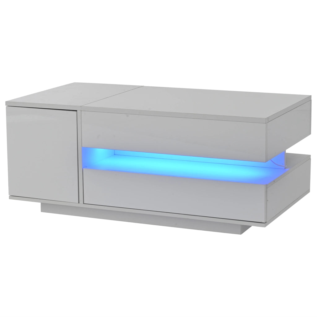 Tavolino da salotto sollevabile 90x50x34,5 cm, bianco lucido, cassetto, armadietto, vani nascosto/semiaperto e LED con app.