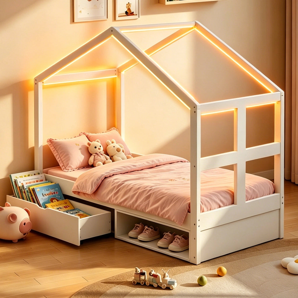 LETTO multifunzione 90x190 cm con cassetto, scarpiera e LED bianco