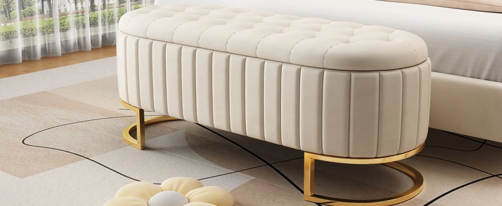 Sgabello riporto 120x40 cm rivestito in velluto beige panca con spazio riporto per divano e camera da letto