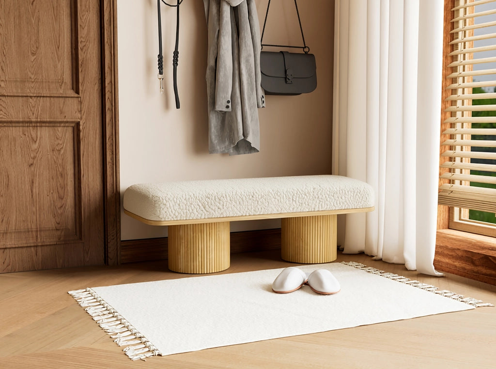Panca imbottita 122 cm en teddy fleece con base in legno massiccio, seduta morbida per ingresso e camera, naturale