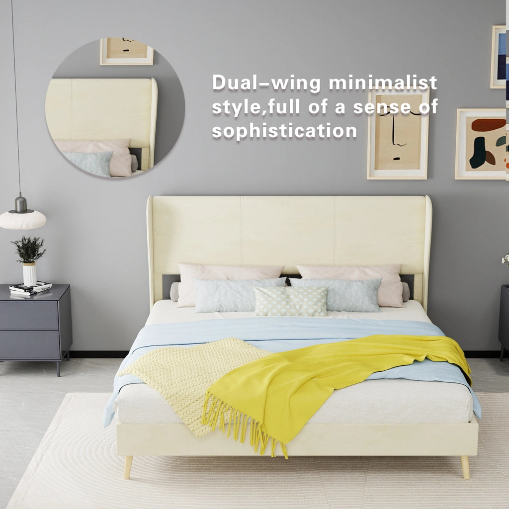 DESMIU Letto matrimoniale 160 × 200 cm 2 posti con testiera, senza materasso, in tessuto e metallo, beige