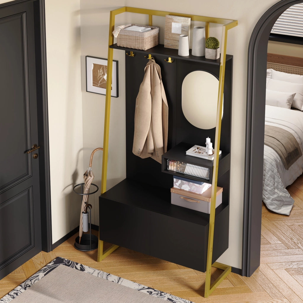 Guardaroba da ingresso 78x38.5x180.5 cm con specchio e vano scarpe nero