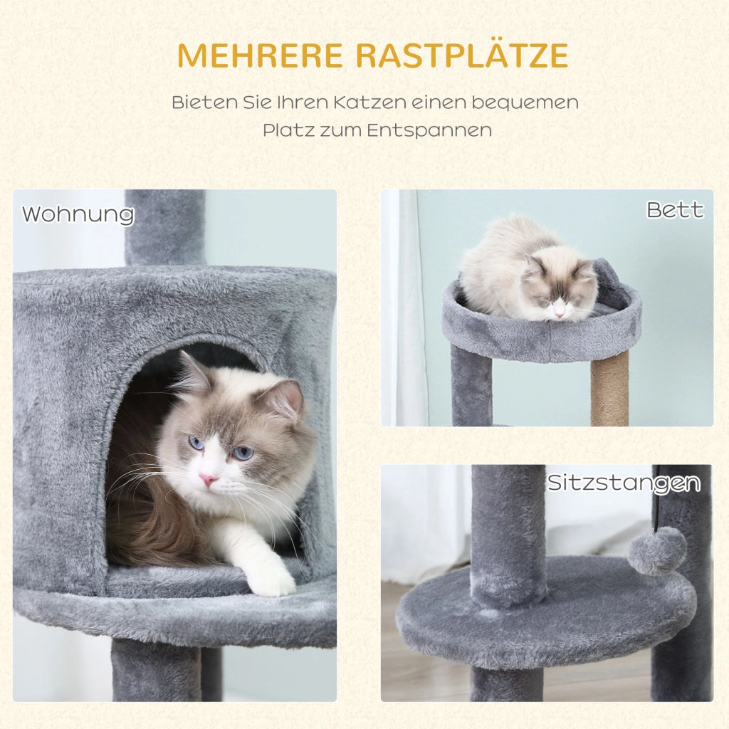 Tiragraffi per gatti 104 cm ¨C Xylo ¨C con grotta, palline gioco, colonne sisal, grigio