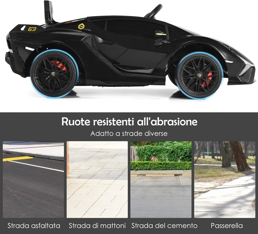 Macchina Elettrica Lamborghini per Bambini da 12V, Veicolo Elettrico Cavalcabile con Luci LED MP3 Telecomando, Fino a 5km/h, +3 Anni (Nero)