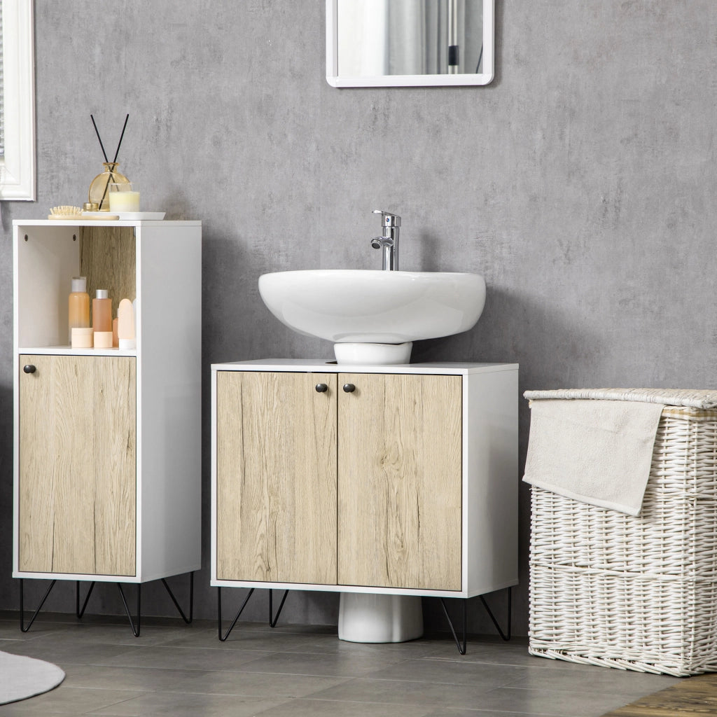 Mobile sottolavabo bagno ¨C Xylo ¨C 2 ante, gambe acciaio, bianco legno naturale, 60x30x60 cm