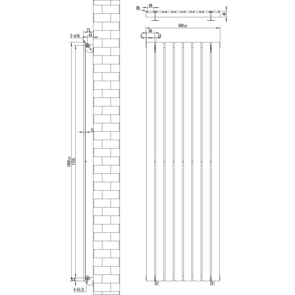 Radiatore Verticale Design Piatto Colonna Singola Nero 1800x560 mm