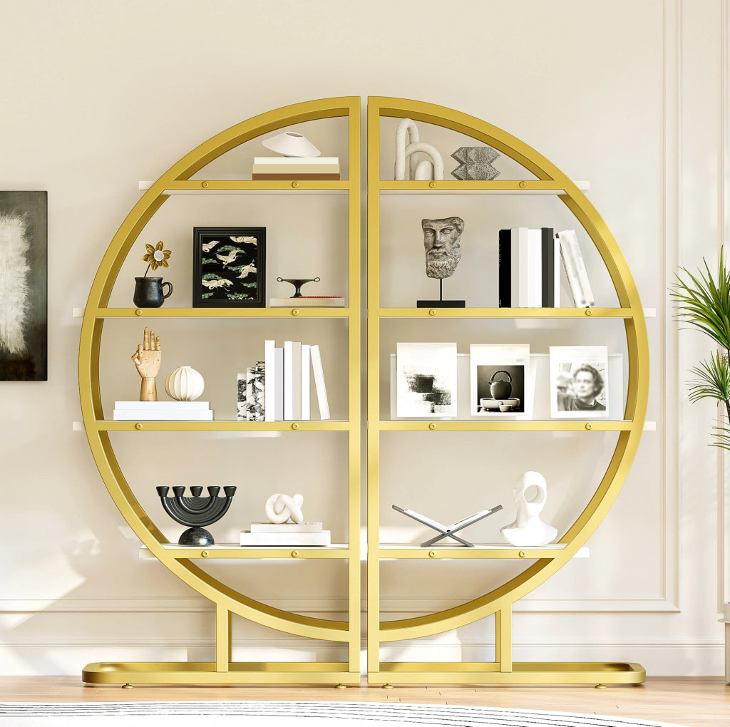 Libreria 120x30x130 cm modulare ad arco; 2 pezzi in MDF e acciaio oro e bianco
