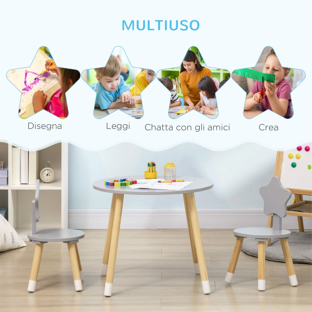 Set Tavolo con 2 Sedie per Bambini in Legno, Et¨¤ da 18 Mesi a 4 Anni, Grigio