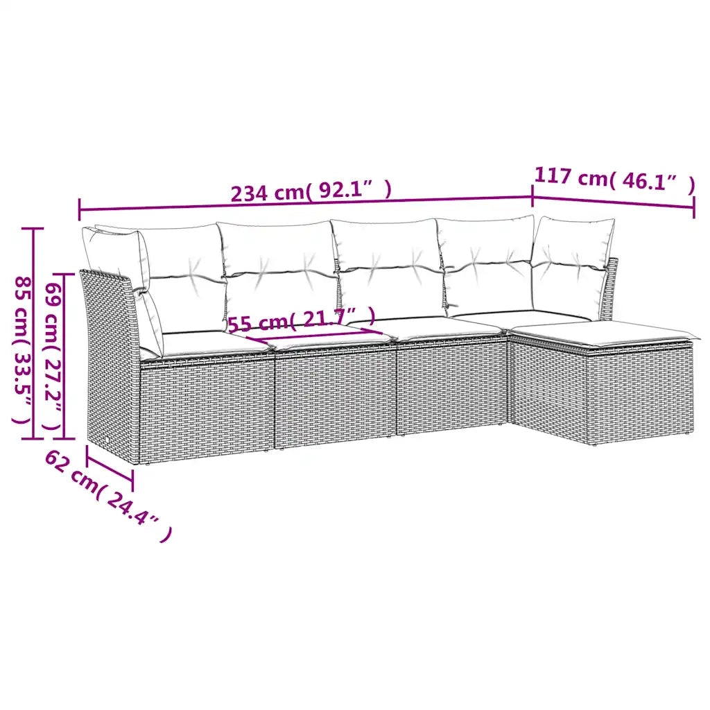 Set Divano da Giardino 5pz con Cuscini Grigio Chiaro Polyrattan