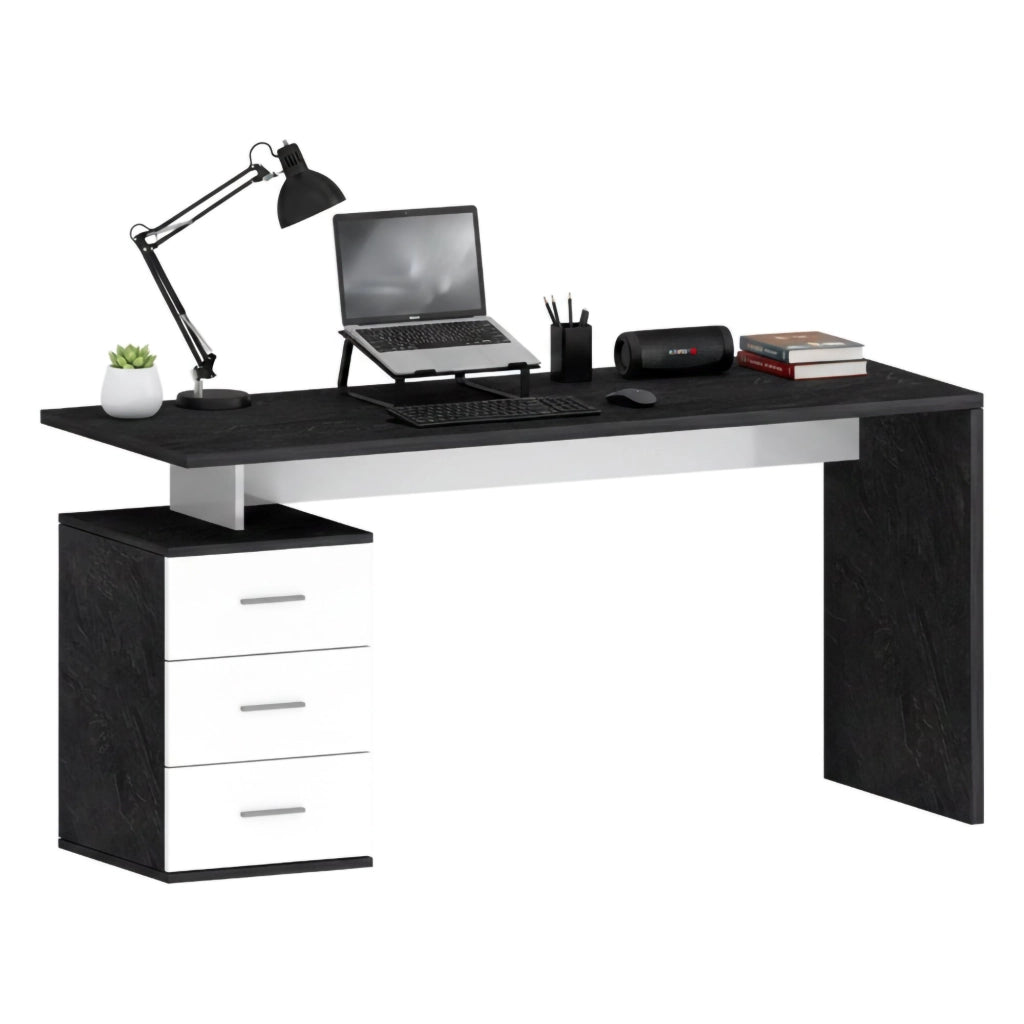 Scrivania Abisse, Scrittoio lineare, Scrivania ufficio multiuso, Scrivania salvaspazio multi posizione, 160x60h75 cm, Bianco e Ardesia