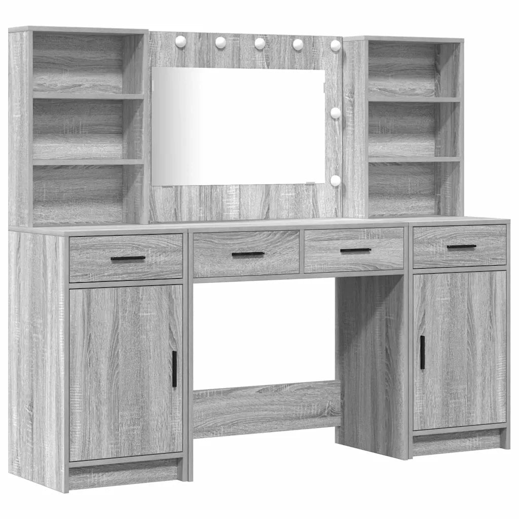 Set da Toeletta | Tavolo da Trucco con LED con porta 3 pz Grigio Sonoma