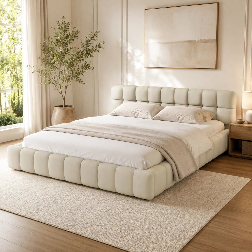 Letto matrimoniale imbottito lino beige 160x200 cm, testiera morbida a pannelli, struttura robusta, design moderno per camera da letto