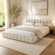 Letto matrimoniale imbottito lino beige 160x200 cm, testiera morbida a pannelli, struttura robusta, design moderno per camera da letto