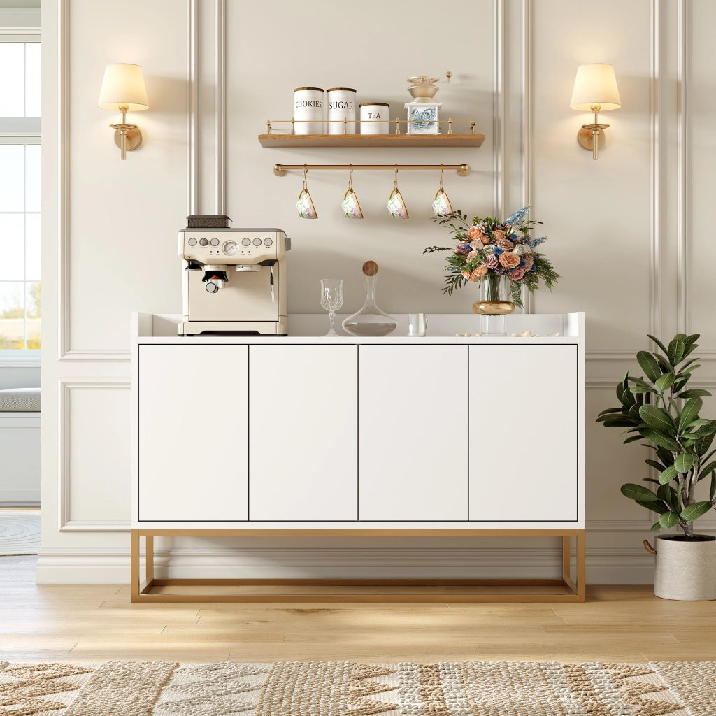 Credenza buffet 120cm bianca, mobile soggiorno pannello di particelle con base metallo oro, 4 ante push‑to‑open, ripiani regolabili per sala da pranzo ingresso