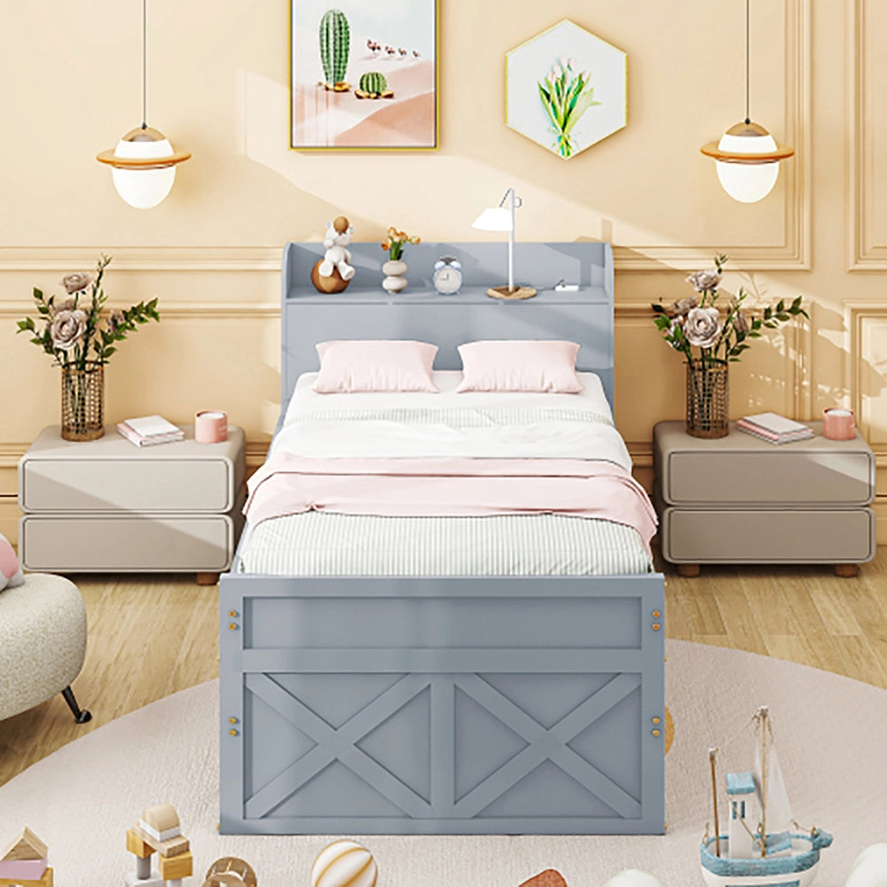 Letto singolo in legno massello di pino - Xylo - 90x190 - Grigio - 2 cassetti e USB