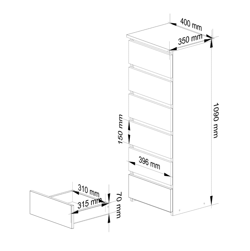 Cassettiera AKORD CL6 Cassettiera Ontano 40 cm 6 cassetti 40x35x109 cm