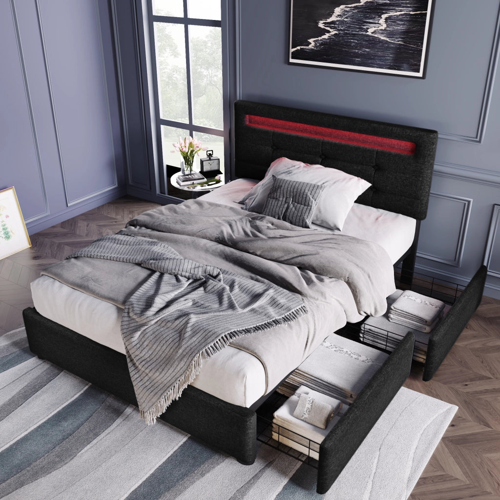 OKWISH Letto Singolo 90×200 cm con 2 Cassetti, Testiera Regolabile e LED, senza Materasso, in Lino, Nero