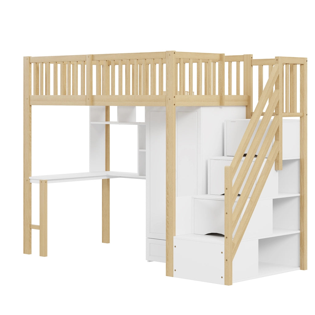 Letto a soppalco singolo 90×200 cm con armadio; scrivania e scala con cassetti; senza materasso; bianco e legno
