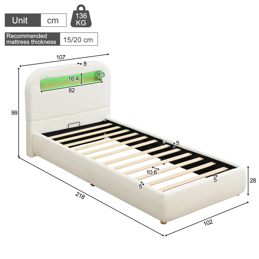 DESMIU Letto bambino 90 × 200 cm con contenitore idraulico, LED, senza materasso, in bouclé bianco