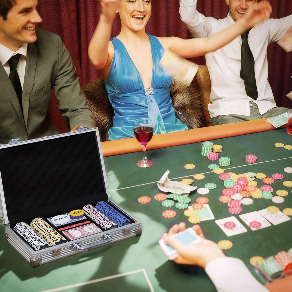Set di Fiches da Poker in Valigetta ¨C Minimal ¨C con Dadi, Pulsante Dealer, 2 Mazzi di Carte, Colore Argento