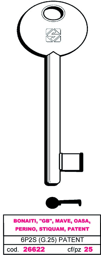 Silca CHIAVE A MAPPA 6P2S (G.VAZ 0) PATENT BONAITI ottone lucido 5.00 pz
