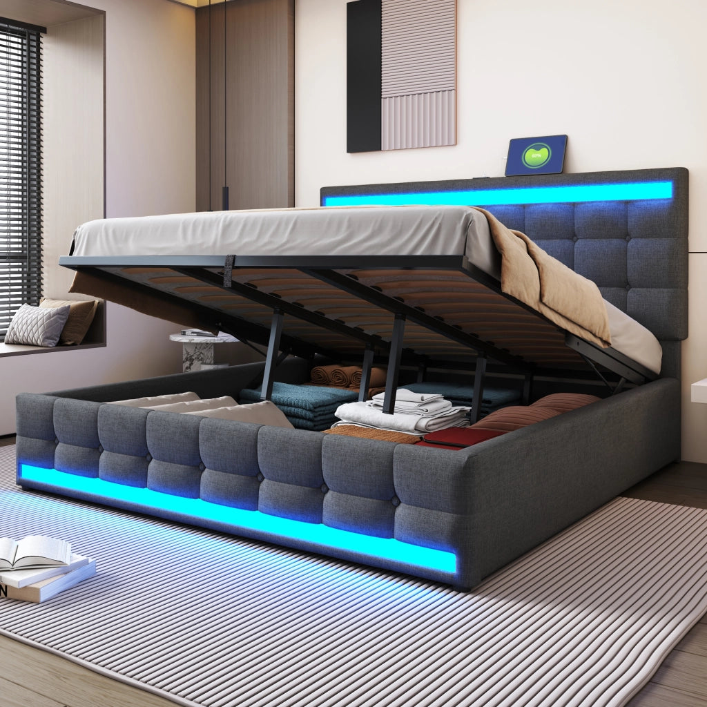 LETTO imbottito 180x200 cm grigio con LED RGB e porte USB