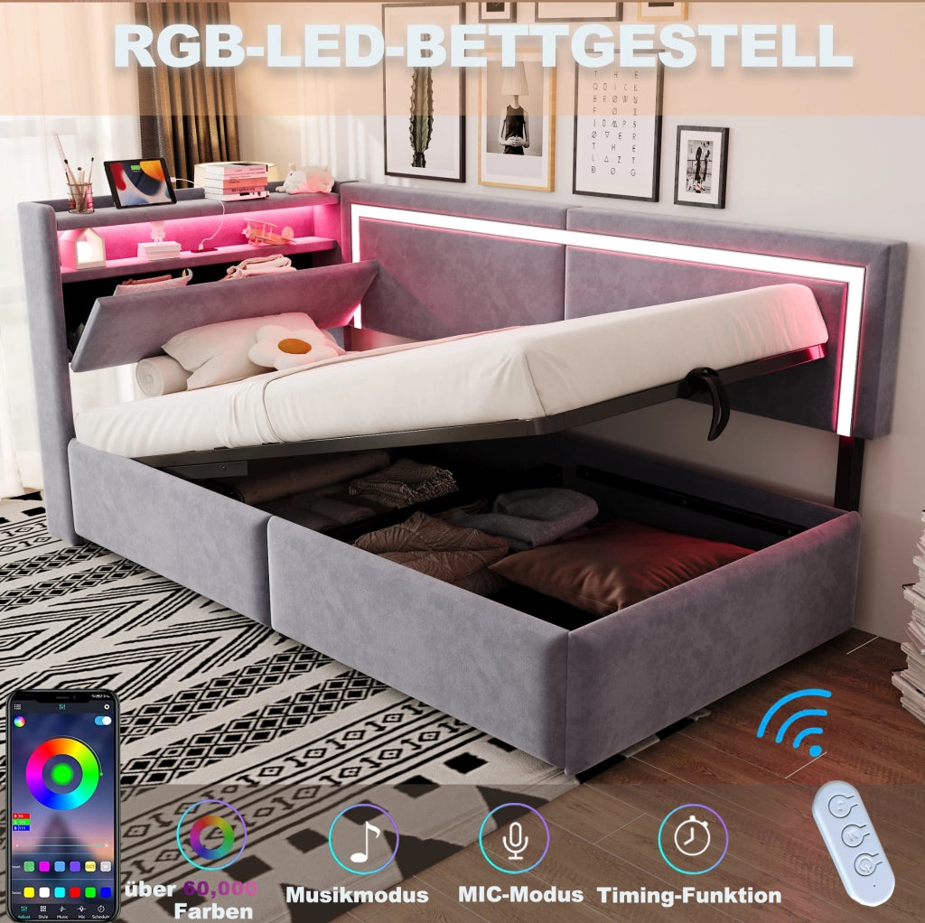 Divano letto imbottito 90x200 cm con contenitore; LED; USB e velluto grigio chiaro