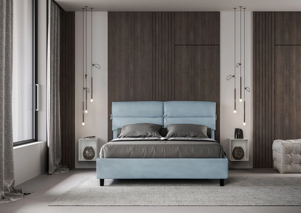 BS COM Letto matrimoniale contenitore doppia alzata imbottito 160x200 microfibra azzurro