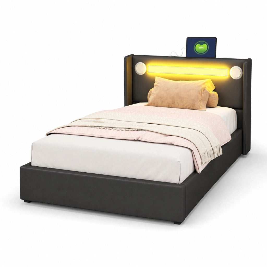 Letto imbottito per bambini 90x200 cm in PU nero con LED; Bluetooth e contenitore
