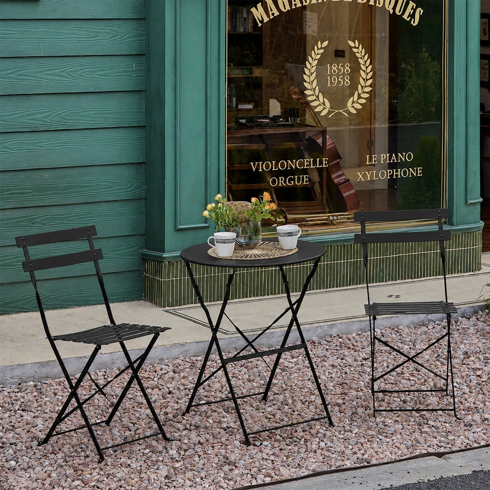 Set 3 Pezzi Giardino Tavolo con 2 Sedie Bistrot Pieghevole Modello Parigi Nero