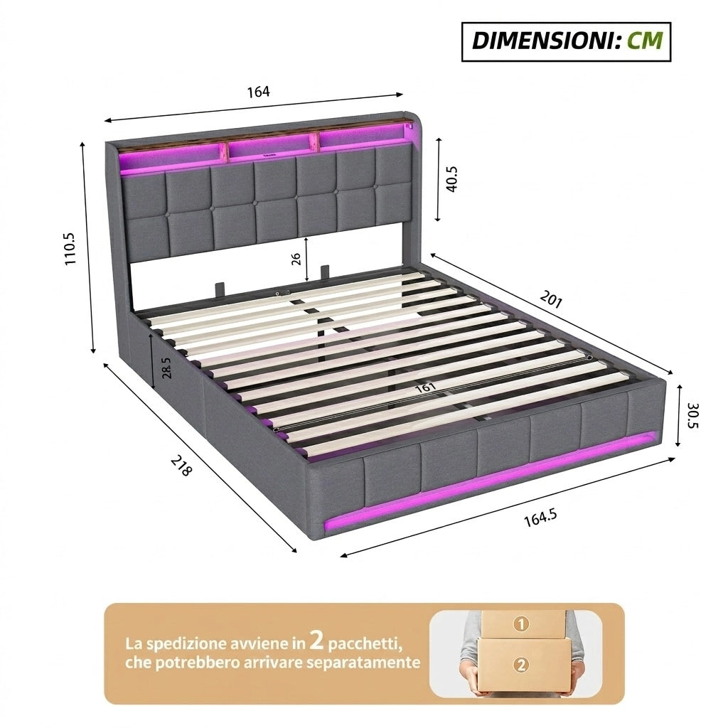 Letto matrimoniale 160x200 cm con contenitore LED USB testiera con mensola rete a doghe in lino - grigio