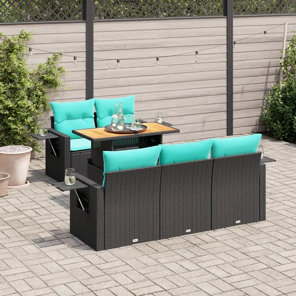 Set Divano da Giardino 6 pz con Cuscini Nero in Polyrattan 3327102