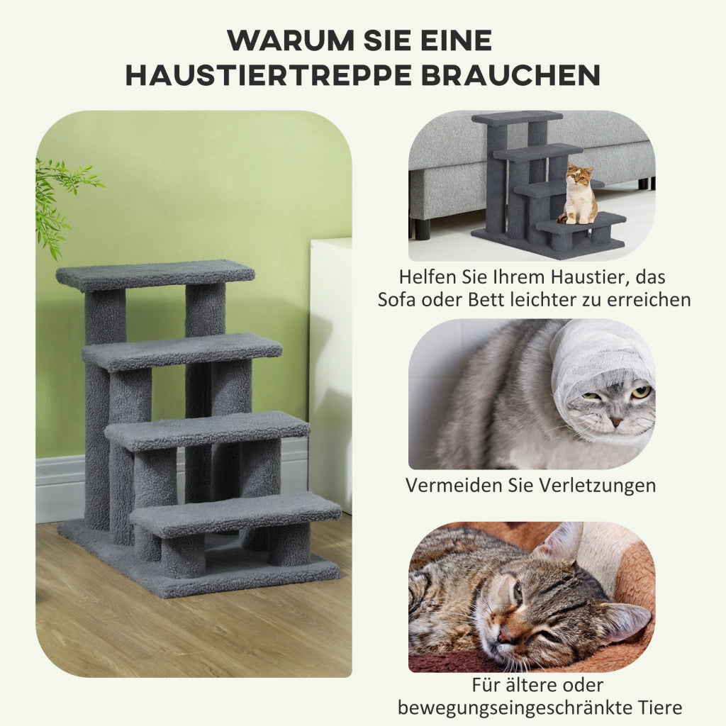 Scaletta per animali domestici, scaletta per gatti, scaletta per cani, 4 gradini, grigia, 63,5x43x60 cm, per gatti e cani, ideale per animali anziani