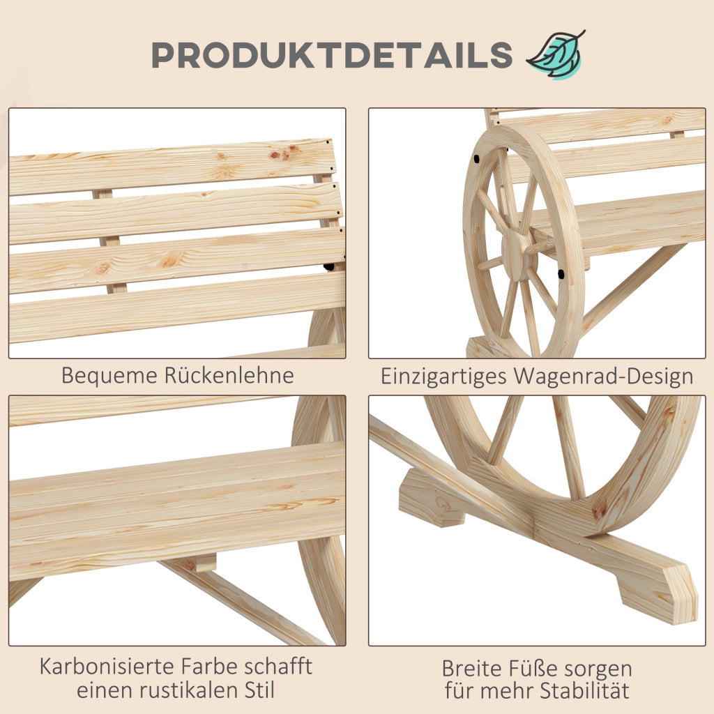 Panchina da giardino a 2 posti, panchina in legno, panchina da parco con braccioli in stile rustico, portata massima 240 kg, legno di abete, naturale