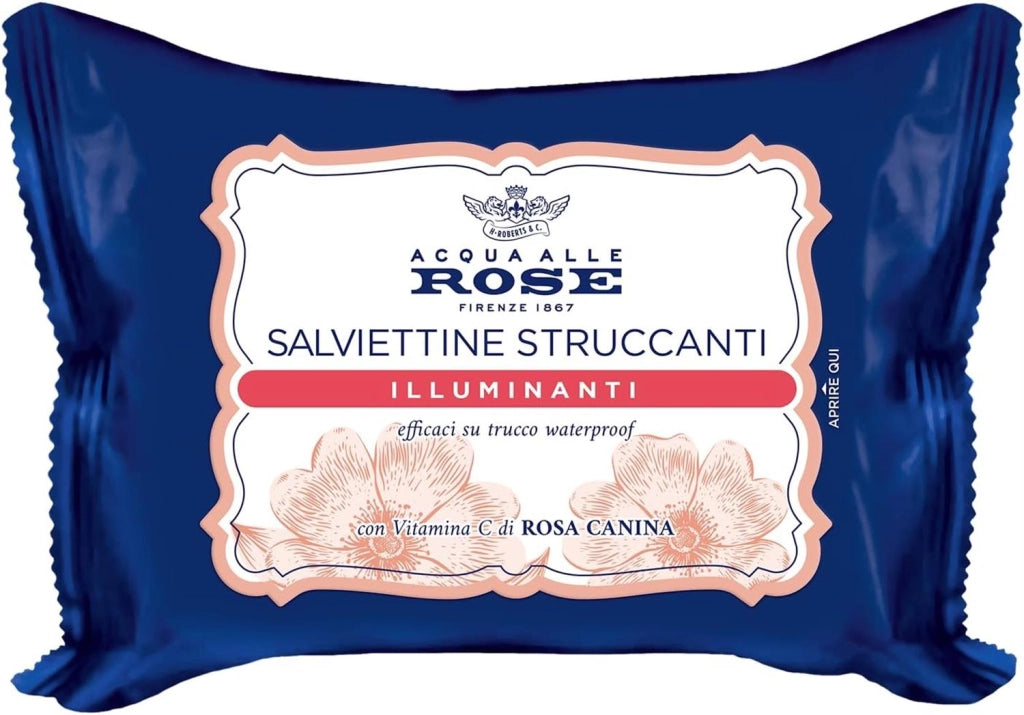 ACQUA ALLE ROSE SALVIETTINE STRUCCANTI ILLUMINANTI PER PELLI SPENTE E VITAMINA C DI ROSA CANINA VISO OCCHI E LABBRA 20 PZ