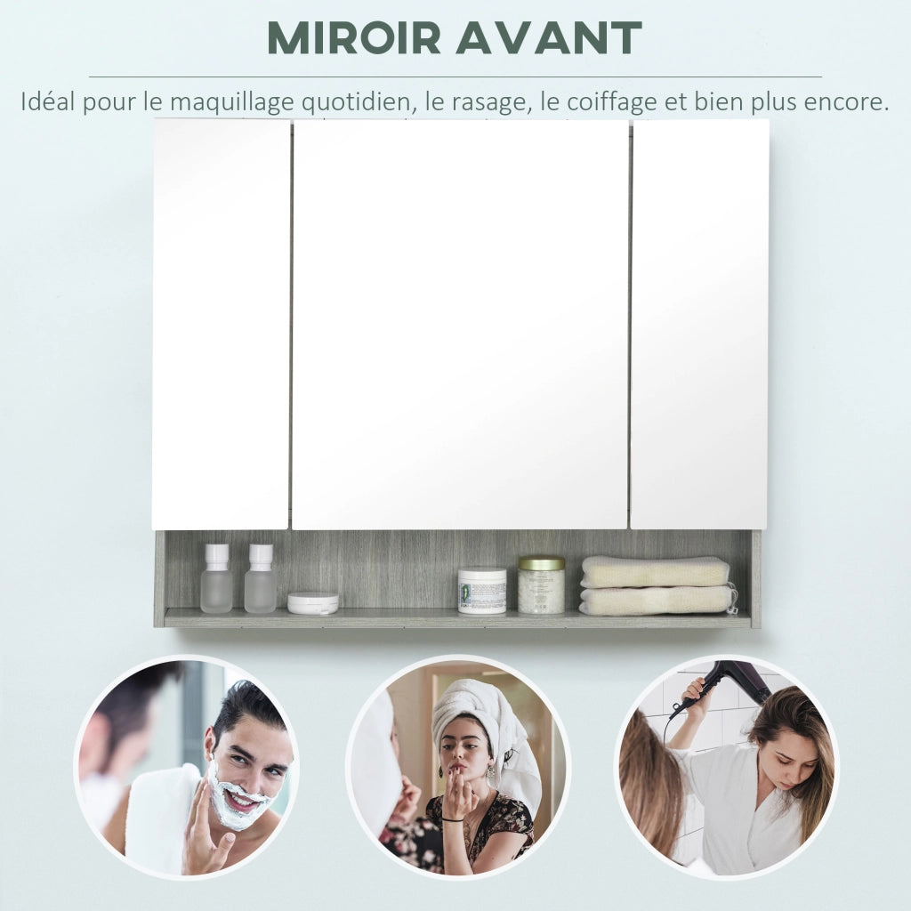 Armadio da bagno con specchio 3 ante ¨C zephmum ¨C grigio 90x15x75cm