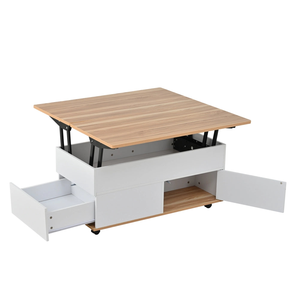 Tavolino da salotto rialzabile 100 x 98 x 65 cm in truciolare; bianco e effetto legno naturale