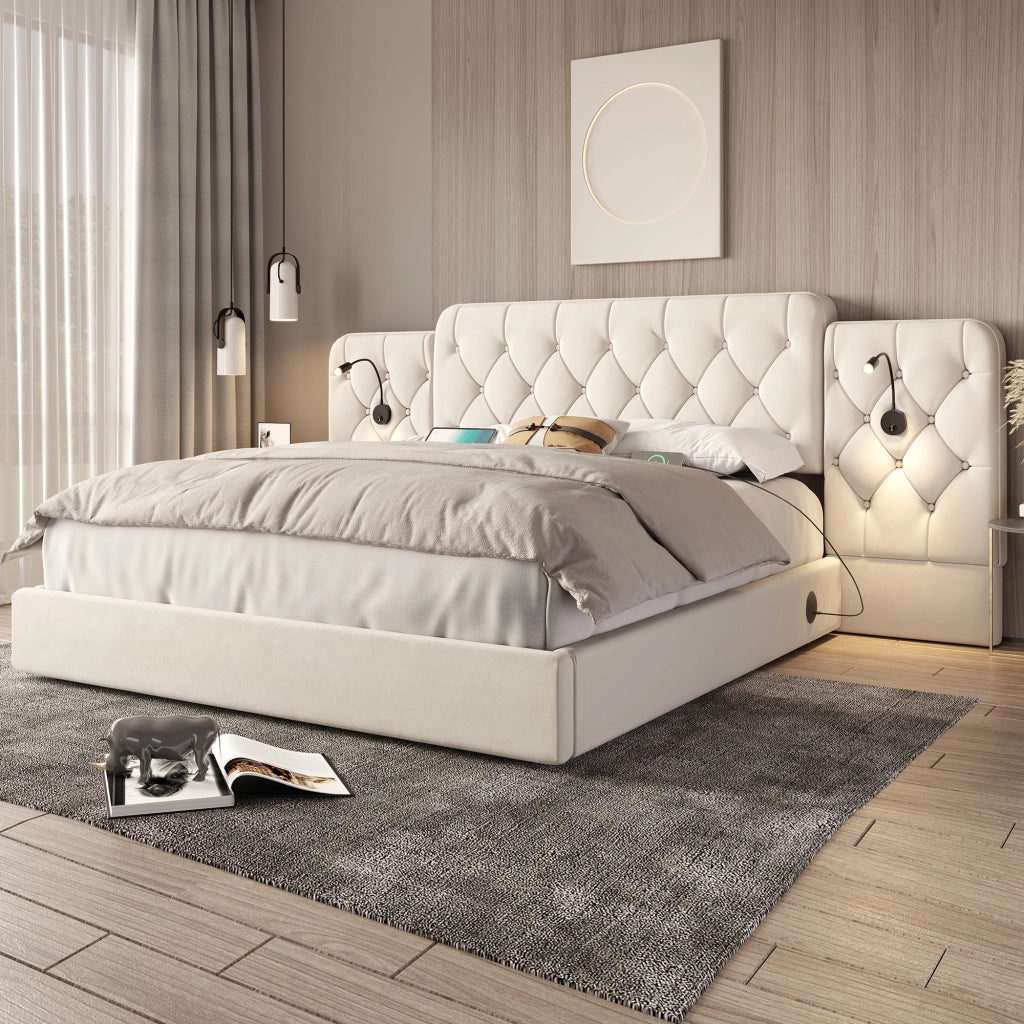 Letto contenitore matrimoniale 160×200 cm con USB; luci da lettura e materasso non incluso; velluto beige