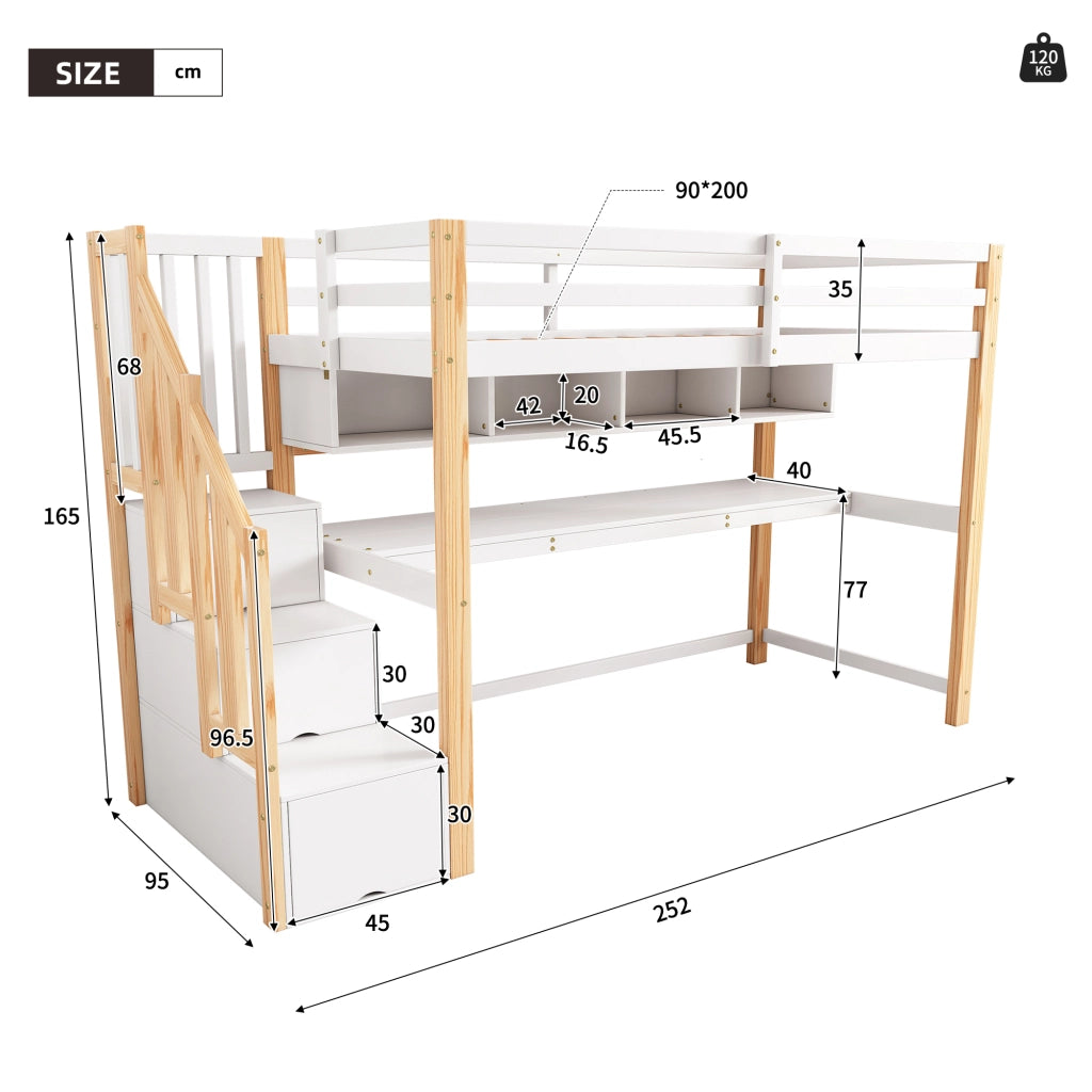 LETTO A SOPPALCO per bambini 90x200 cm con scrivania e scala contenitore bianco e rovere