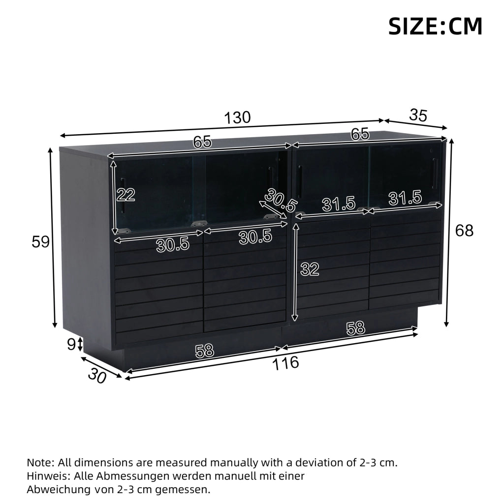 Credenza 130x35x68 cm con LED e ante scorrevoli in vetro; truciolato e vetro temperato nero