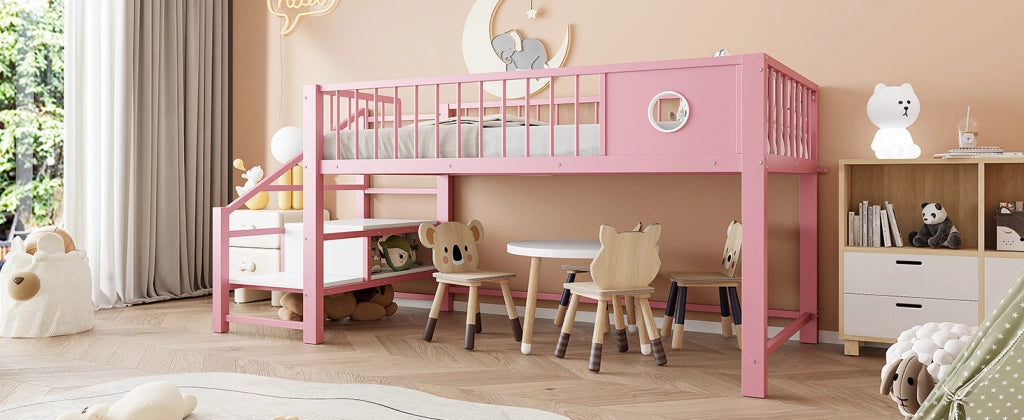 DESMIU Letto a soppalco bambino 90 × 200 cm con scala contenitore, senza materasso, in metallo, rosa