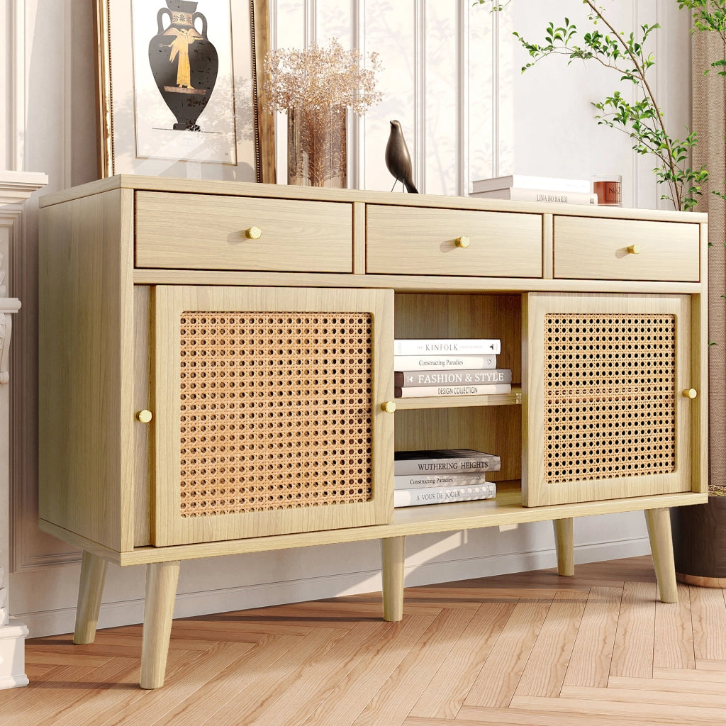 Credenza con 3 cassetti e 3 ante scorrevoli; ripiani regolabili; gambe in legno; rovere; 120 × 40 × 78 cm