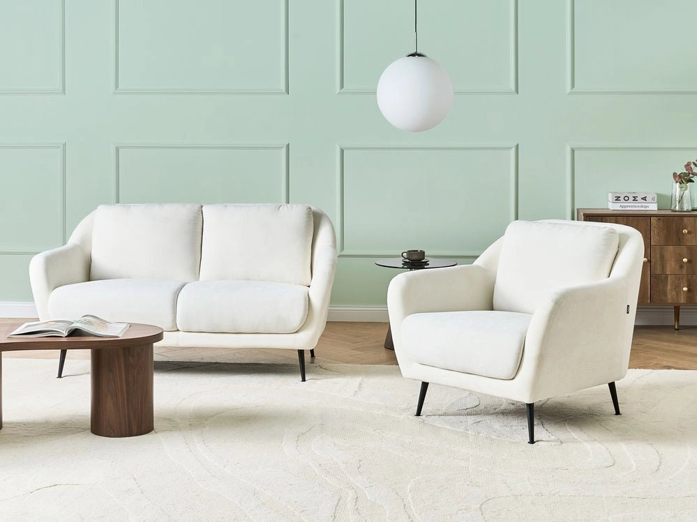 Set di divani a 3 posti tessuto di ciniglia bianco Gambe nere in ferro con braccioli Seduta spessa Stile moderno Soggiorno