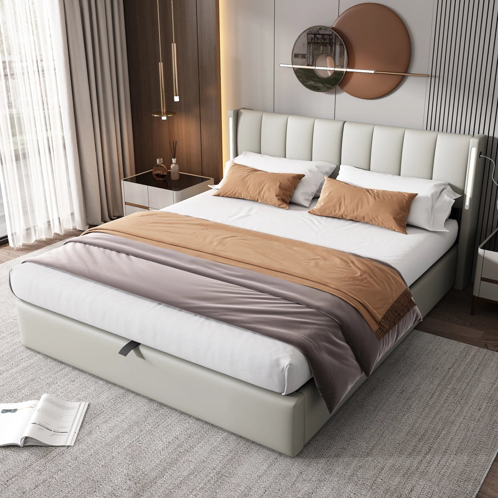 LETTO 140x190 cm in PU Grigio con LED, USB e rete a doghe